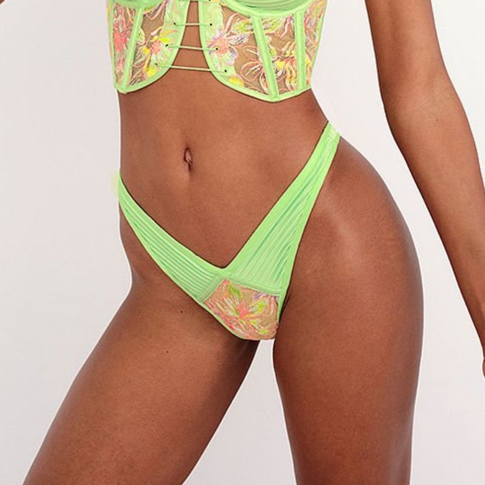 FOR LOVE & LEMONS Electric Fields NEON Lime Green High-Waist Thong Panty X-SMALL - Picture 5 of 9